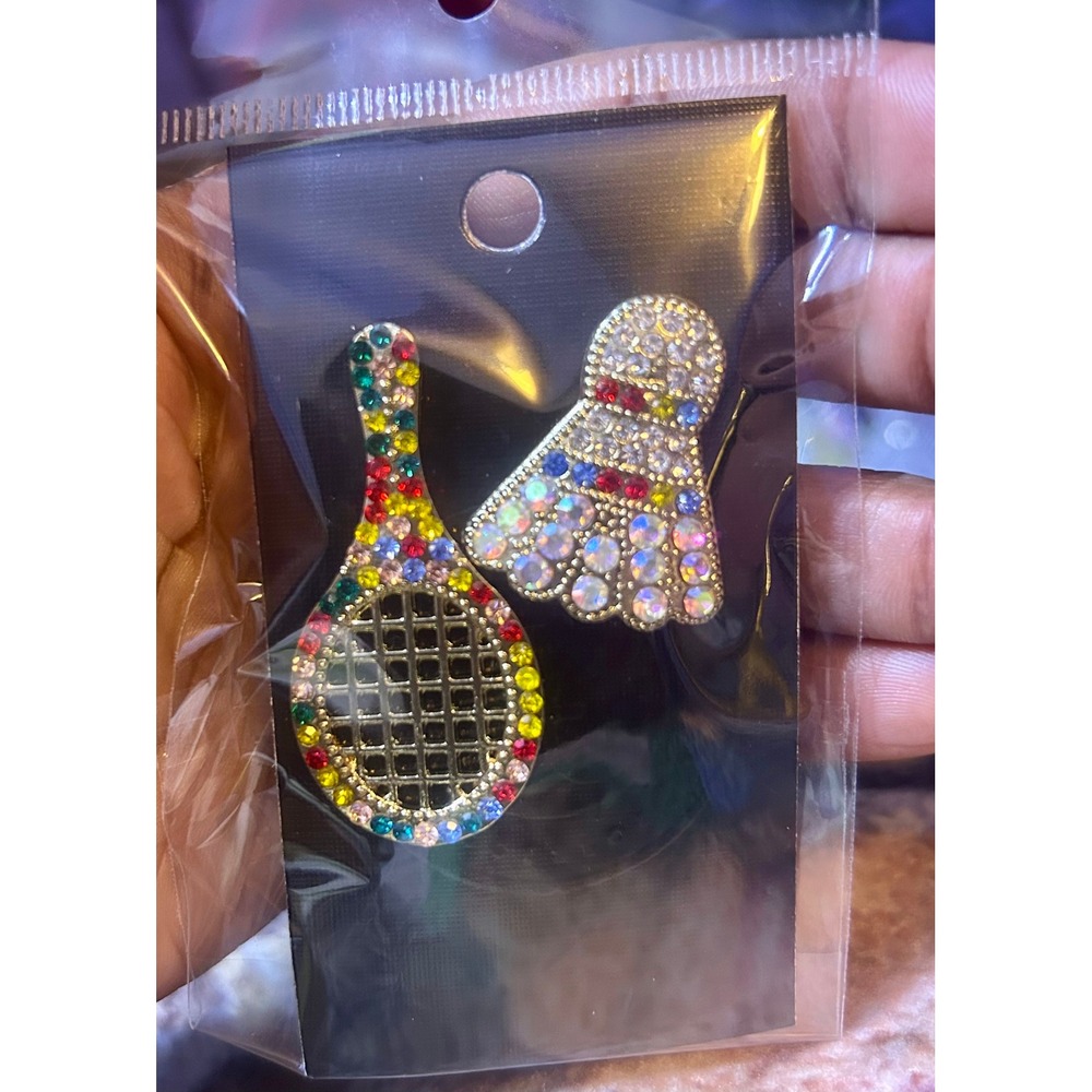Badminton Racket and Shuttlecock Rhinestone Gold Tone Multi Color Earrings